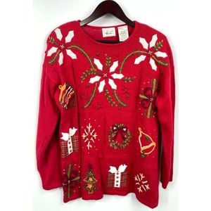 Kathie Lee Womens L Christmas Vintage Red Sweater Embroidery Appliques Beads-Wow